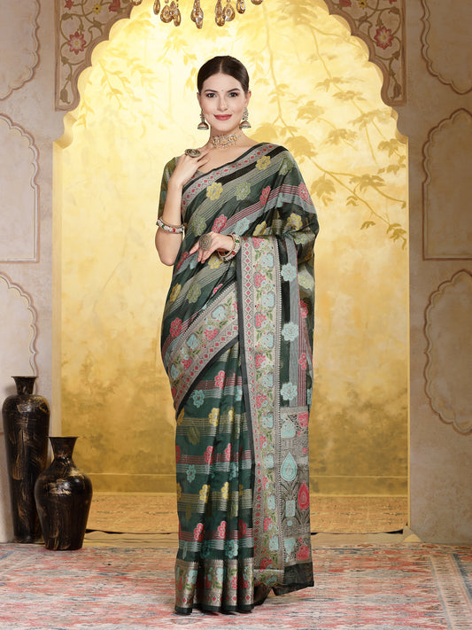 Stylum Women's Bottle Green Ethnic Motifs Zari Border Organza Saree (SRMAHIKABOTTLEGRN)