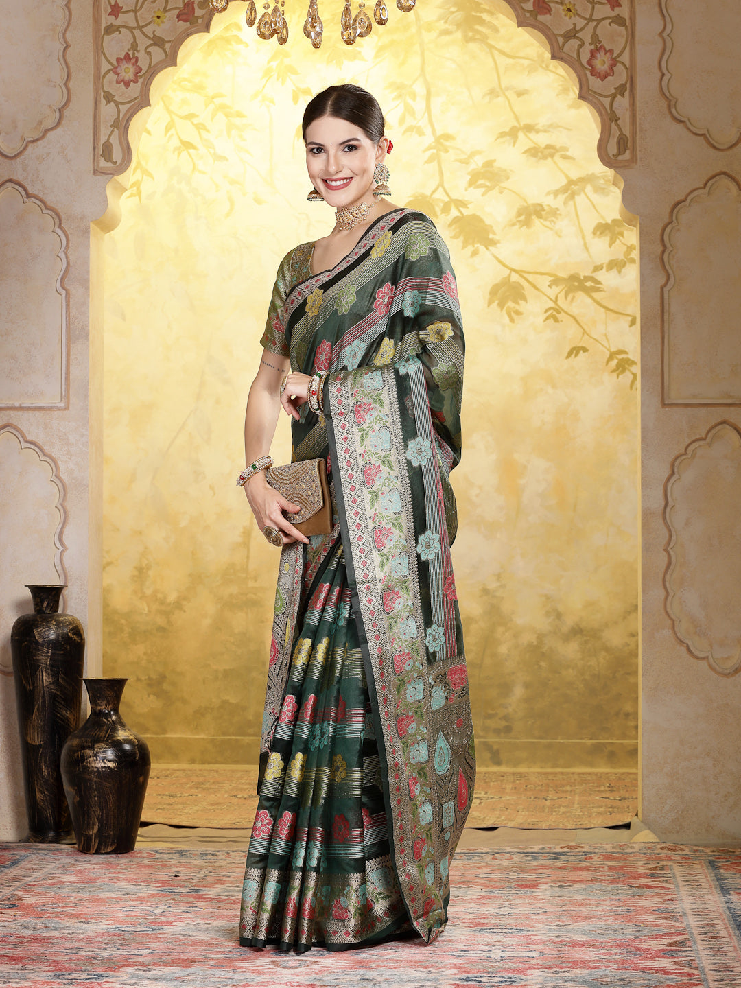 Stylum Women's Bottle Green Ethnic Motifs Zari Border Organza Saree (SRMAHIKABOTTLEGRN)