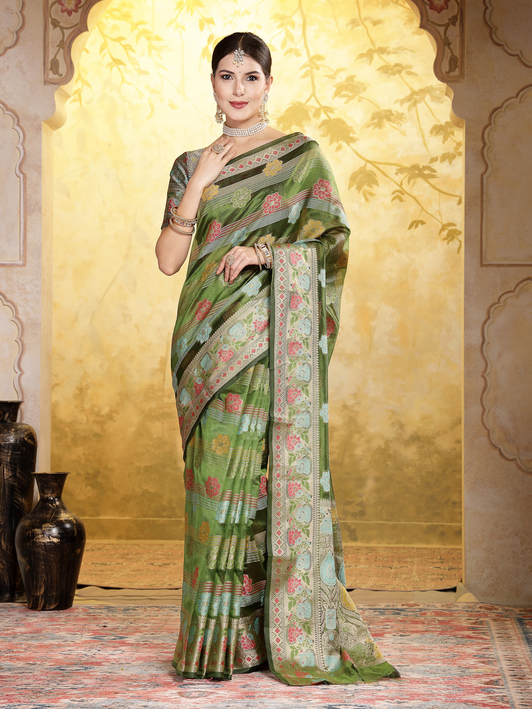 Stylum Women's Mehandi Green Ethnic Motifs Zari Border Organza Saree (SRMAHIKAMEHANDI)