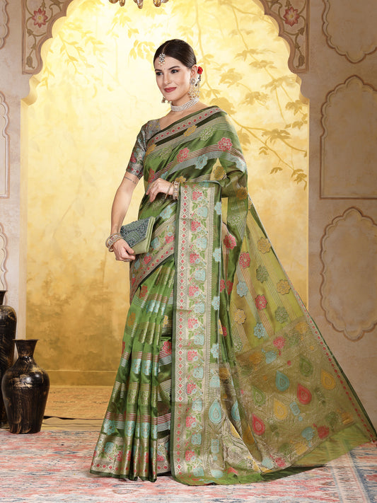 Stylum Women's Mehandi Green Ethnic Motifs Zari Border Organza Saree (SRMAHIKAMEHANDI)