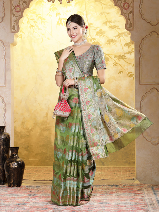 Stylum Women's Mehandi Green Ethnic Motifs Zari Border Organza Saree (SRMAHIKAMEHANDI)