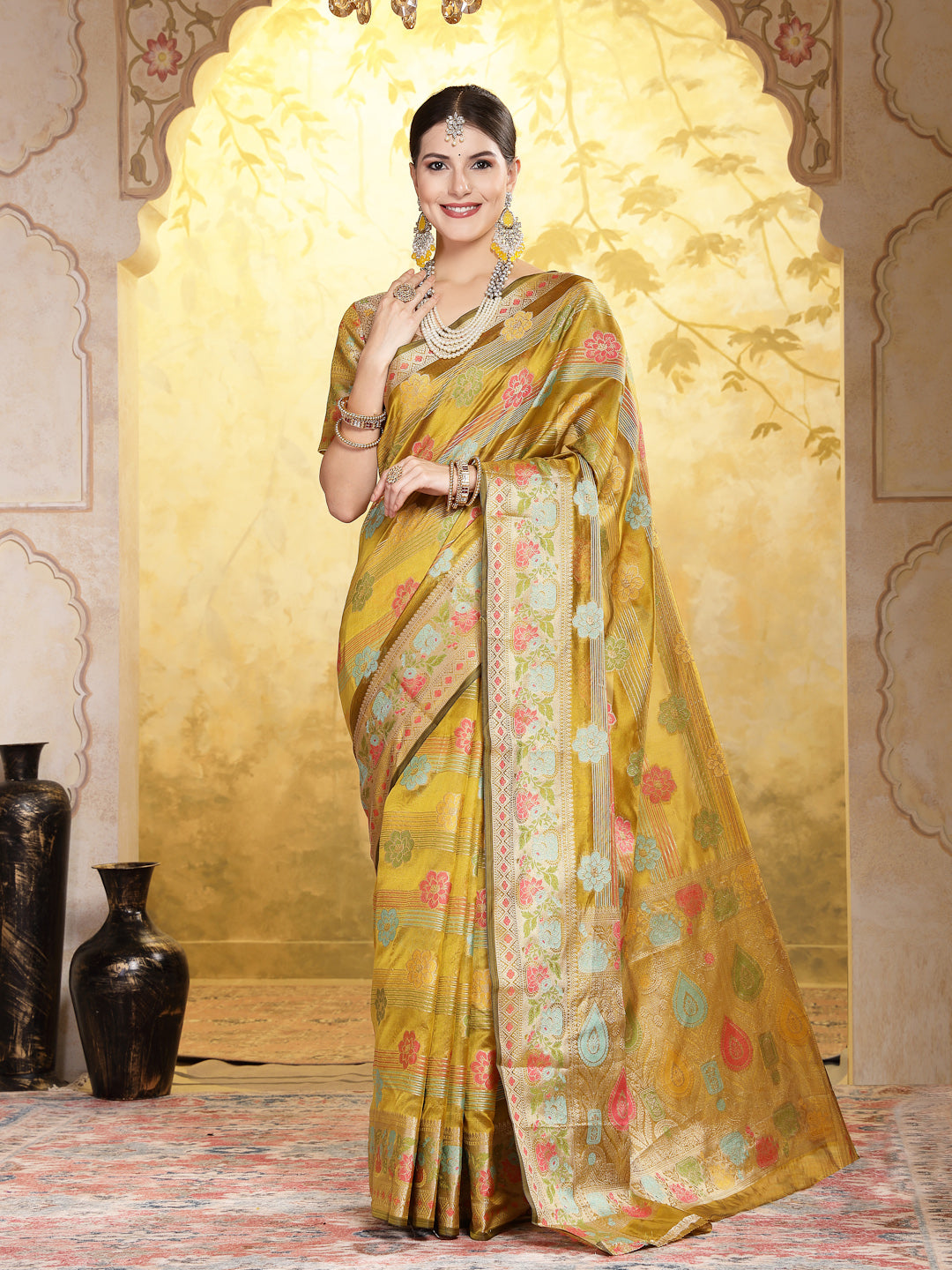 Stylum Women's Mustard Ethnic Motifs Zari Border Organza Saree (SRMAHIKAMUSTARD)