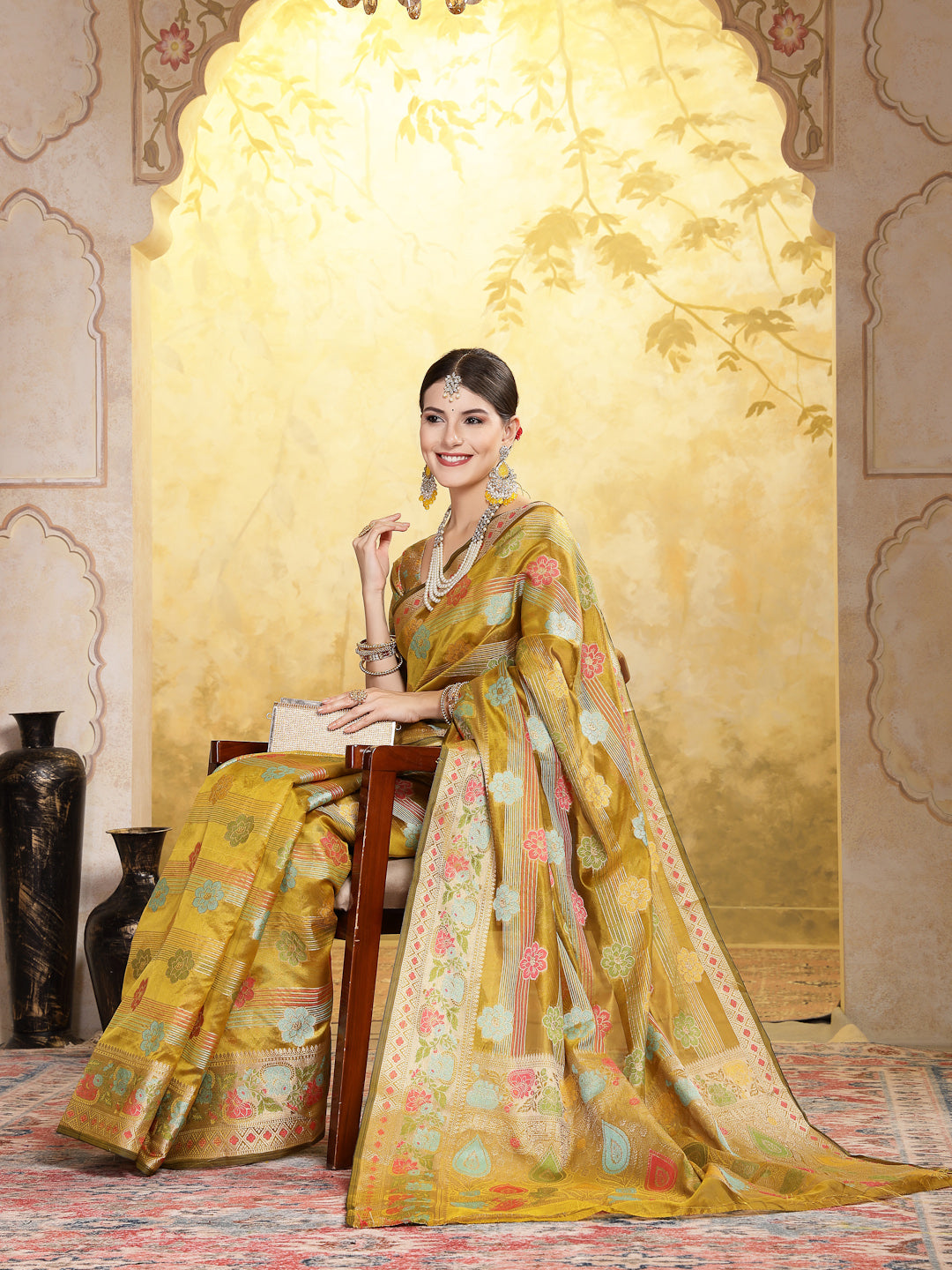 Stylum Women's Mustard Ethnic Motifs Zari Border Organza Saree (SRMAHIKAMUSTARD)