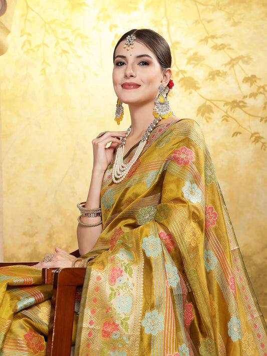 Stylum Women's Mustard Ethnic Motifs Zari Border Organza Saree (SRMAHIKAMUSTARD)