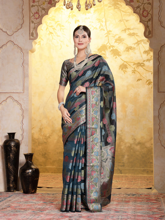 Stylum Women's Sea Green Ethnic Motifs Zari Border Organza Saree (SRMAHIKASEAGRN)