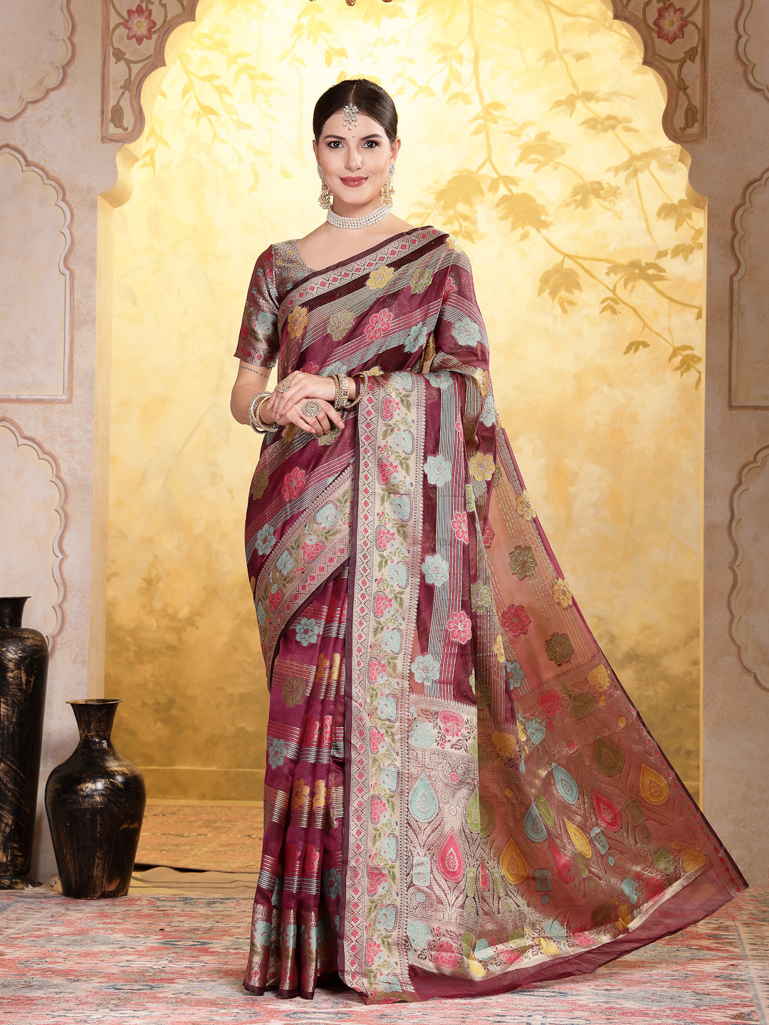 Stylum Women's Wine Ethnic Motifs Zari Border Organza Saree (SRMAHIKAWINE)