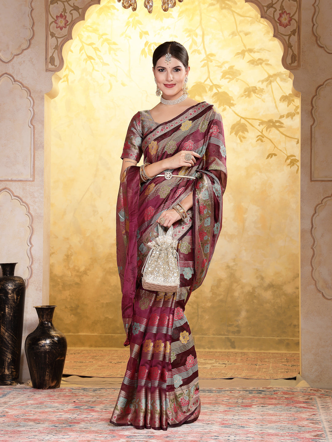 Stylum Women's Wine Ethnic Motifs Zari Border Organza Saree (SRMAHIKAWINE)