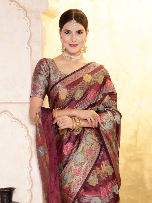 Stylum Women's Wine Ethnic Motifs Zari Border Organza Saree (SRMAHIKAWINE)