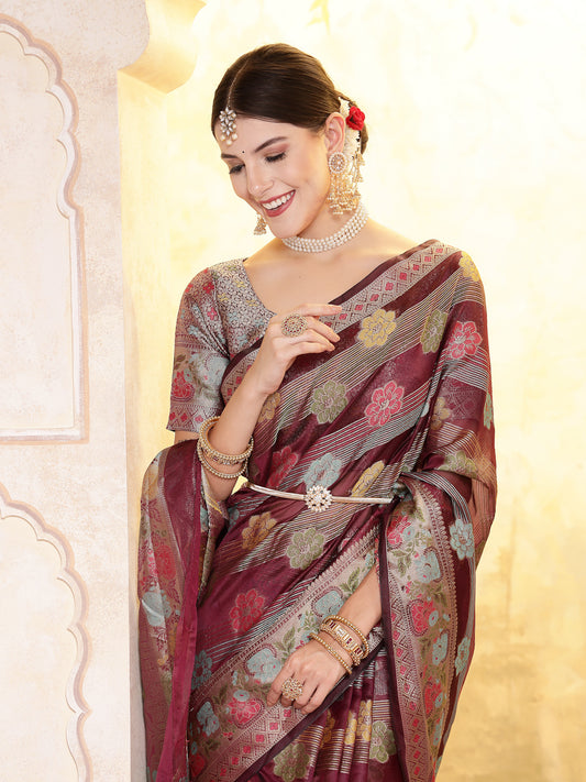 Stylum Women's Wine Ethnic Motifs Zari Border Organza Saree (SRMAHIKAWINE)