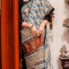 Stylum Women's Off White Block Printed Bhagalpuri Silk Saree (SRMANIYAOFFWHITE)