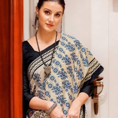 Stylum Women's Off White Block Printed Bhagalpuri Silk Saree (SRMANIYAOFFWHITE)