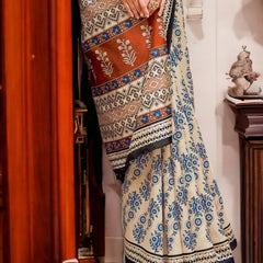 Stylum Women's Off White Block Printed Bhagalpuri Silk Saree (SRMANIYAOFFWHITE)