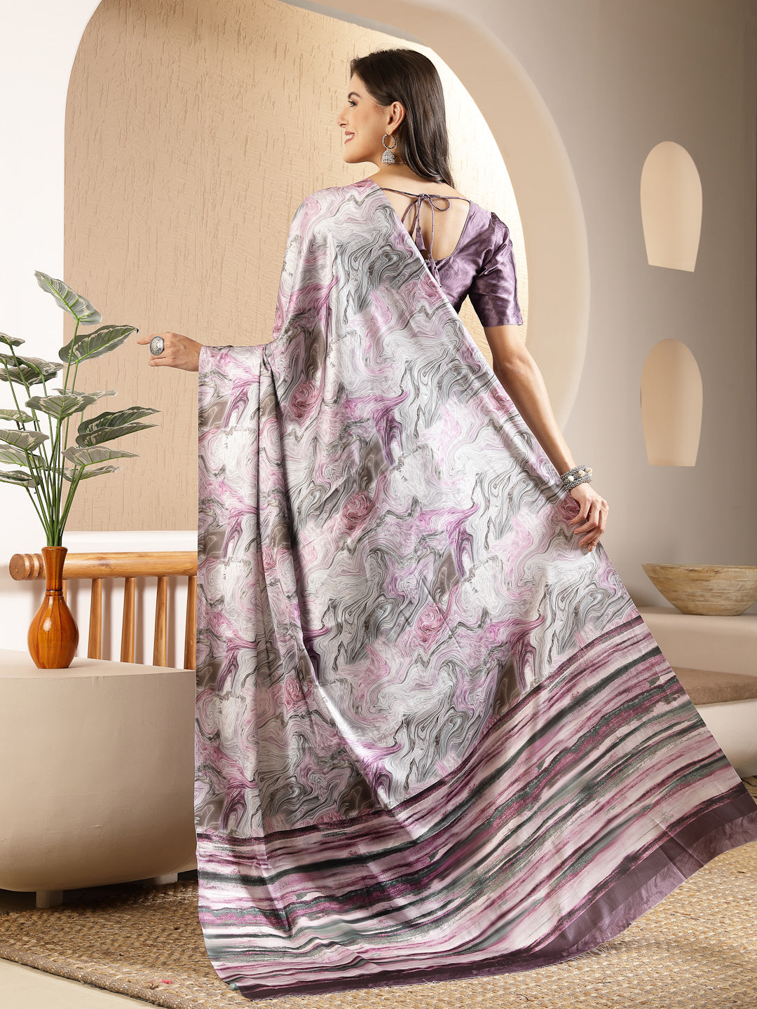 Stylum Women's Marble Print Satin Saree (SRMARBLEPURPLE)