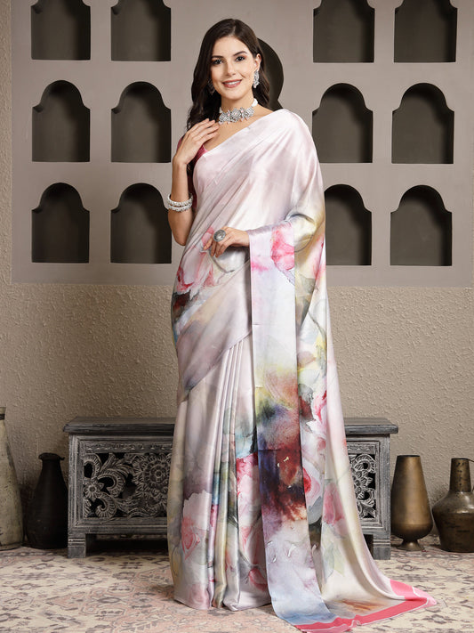 Stylum Women's Marble Print Satin Saree (SRMARBLEWHITE)