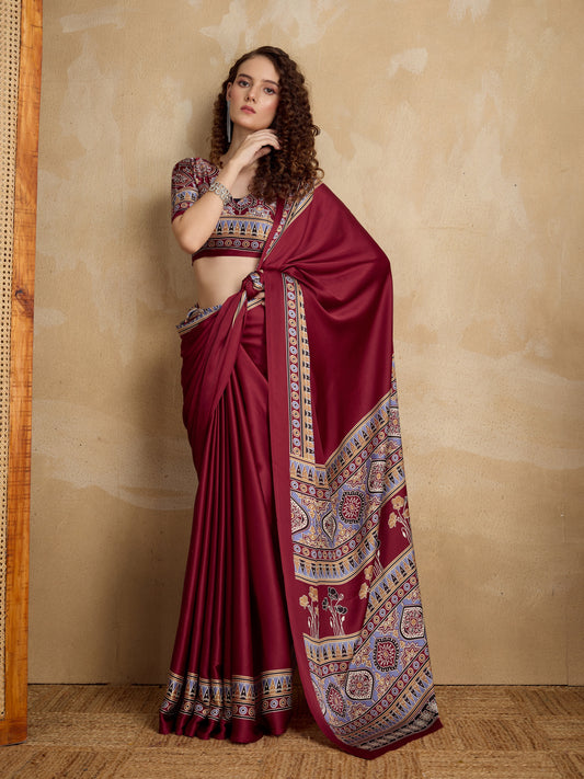 Stylum Women's Maroon Ajrakh Printed Silk Blend Saree With Unstitched Blouser Piece (SRMAROONSUHANI)