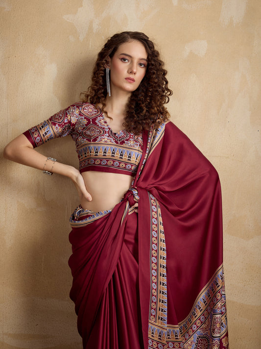 Stylum Women's Maroon Ajrakh Printed Silk Blend Saree With Unstitched Blouser Piece (SRMAROONSUHANI)
