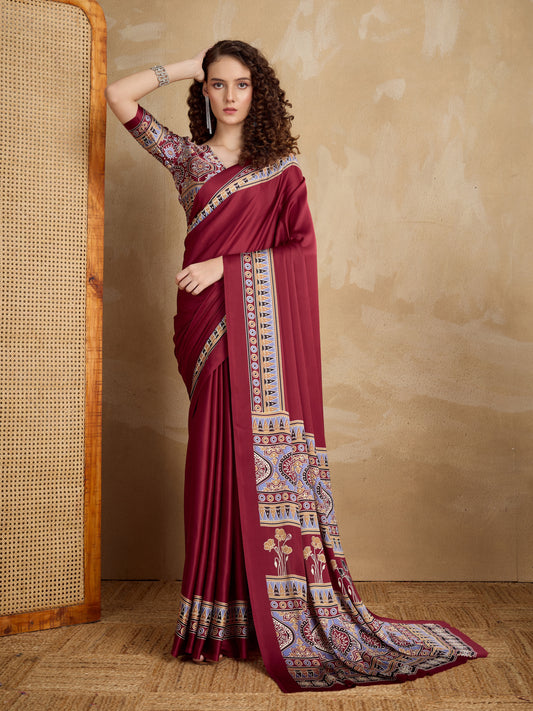 Stylum Women's Maroon Ajrakh Printed Silk Blend Saree With Unstitched Blouser Piece (SRMAROONSUHANI)