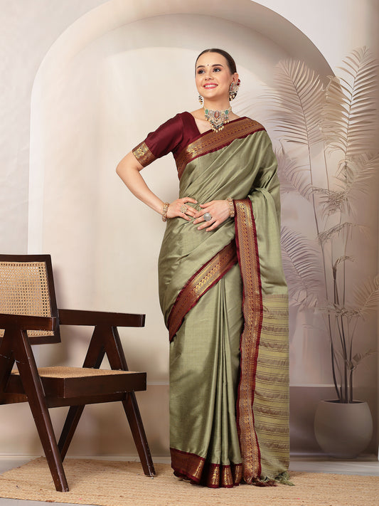 Stylum Women's Mehandi Solid Traditional Banarsi Zari Border Silk Saree (SRMEHANDIGEERA)