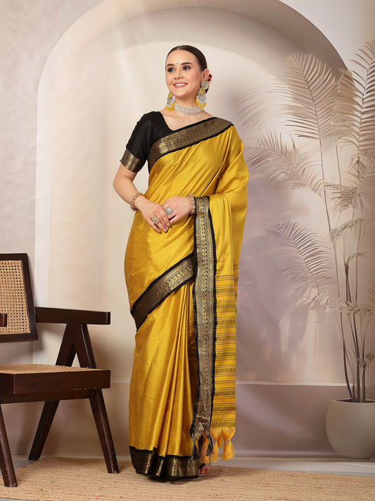 Stylum Women's Mustard Solid Traditional Banarsi Zari Border Silk Saree (SRMUSTARDGEERA)