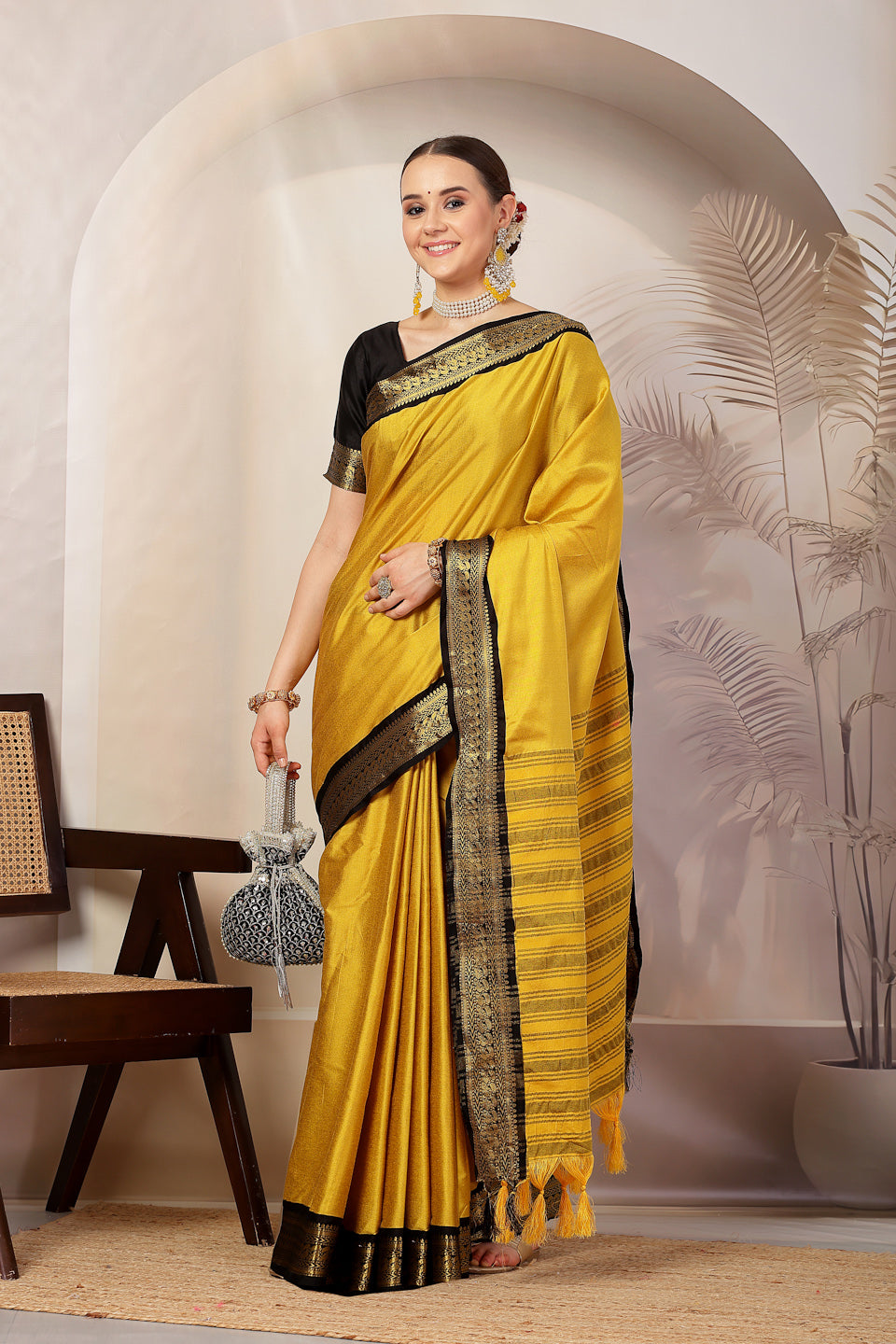 Stylum Women's Mustard Solid Traditional Banarsi Zari Border Silk Saree (SRMUSTARDGEERA)