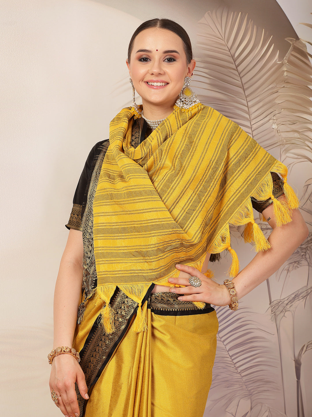 Stylum Women's Mustard Solid Traditional Banarsi Zari Border Silk Saree (SRMUSTARDGEERA)