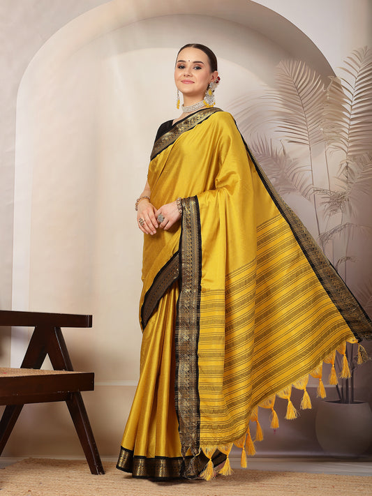 Stylum Women's Mustard Solid Traditional Banarsi Zari Border Silk Saree (SRMUSTARDGEERA)