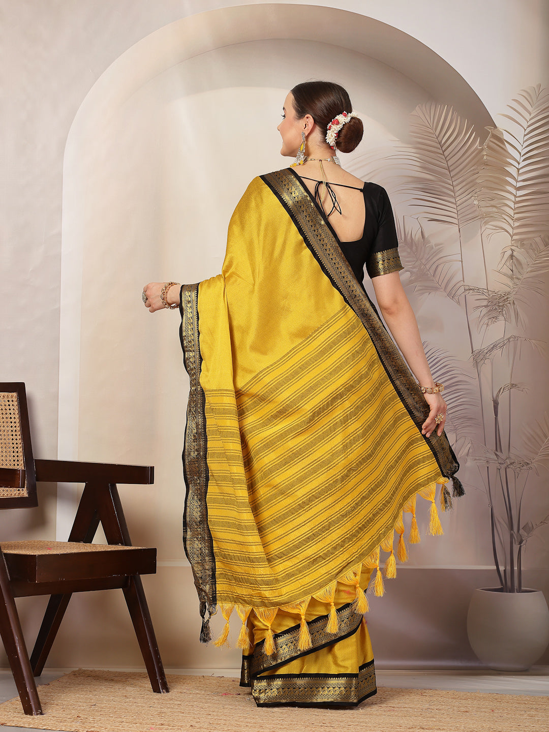 Stylum Women's Mustard Solid Traditional Banarsi Zari Border Silk Saree (SRMUSTARDGEERA)