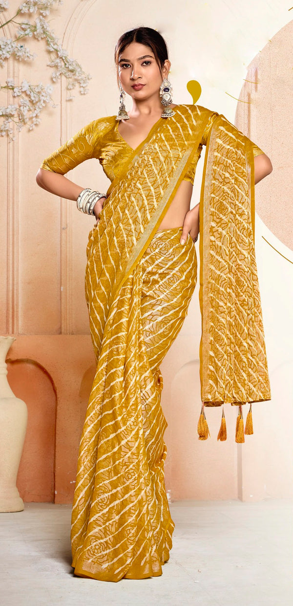 Stylum Women's Mustard Leheriya Printed Silk Blend Saree With Unstitched Blouse Piece (SRMUSTNAIRITI)