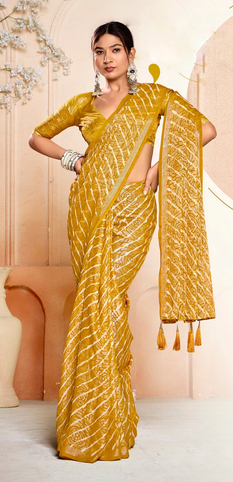 Stylum Women's Mustard Leheriya Printed Silk Blend Saree With Unstitched Blouse Piece (SRMUSTNAIRITI)