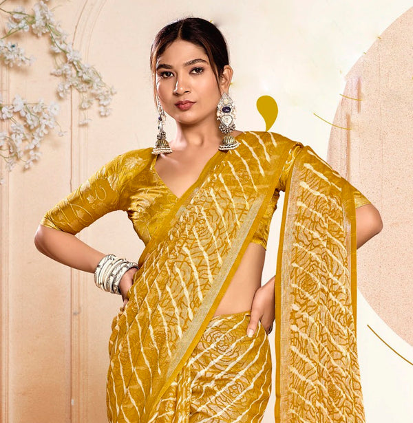 Stylum Women's Mustard Leheriya Printed Silk Blend Saree With Unstitched Blouse Piece (SRMUSTNAIRITI)