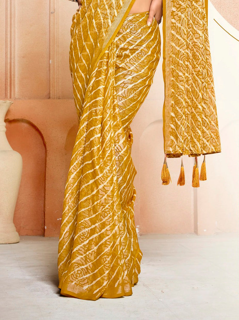 Stylum Women's Mustard Leheriya Printed Silk Blend Saree With Unstitched Blouse Piece (SRMUSTNAIRITI)