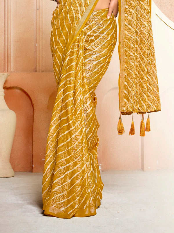 Stylum Women's Mustard Leheriya Printed Silk Blend Saree With Unstitched Blouse Piece (SRMUSTNAIRITI)