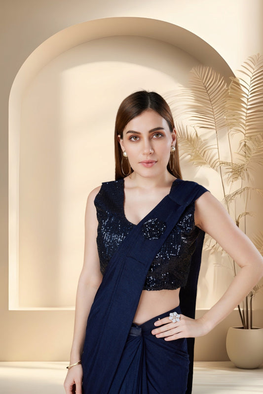 Stylum Women's Navy Party Wear Sequin & Patch Boota Ready To Wear Lycra Saree (SRNAVYGORDAN)