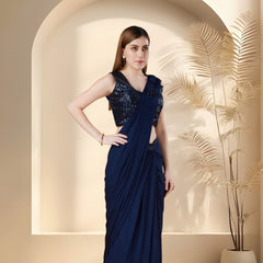 Stylum Women's Navy Party Wear Sequin & Patch Boota Ready To Wear Lycra Saree (SRNAVYGORDAN)