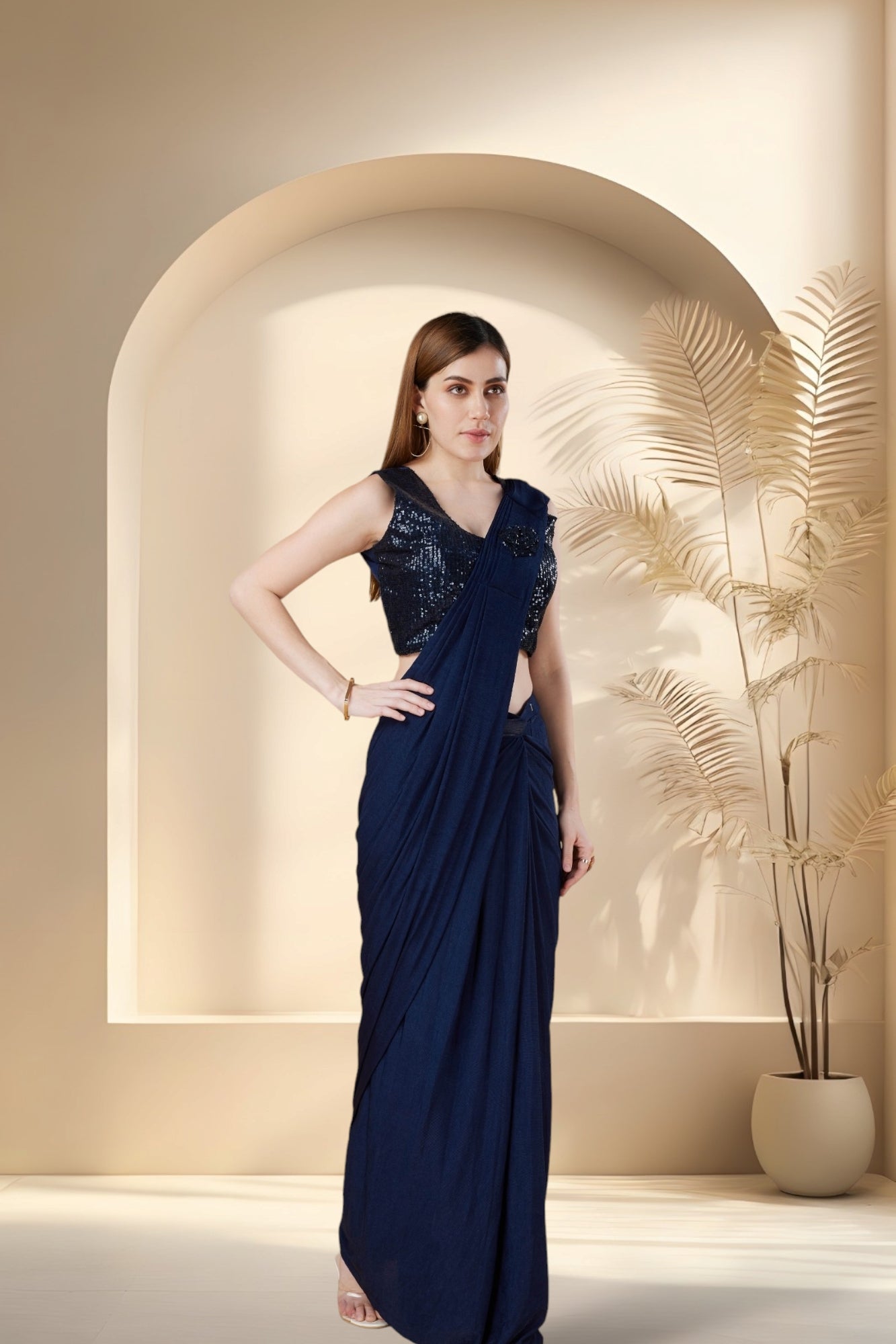 Stylum Women's Navy Party Wear Sequin & Patch Boota Ready To Wear Lycra Saree (SRNAVYGORDAN)