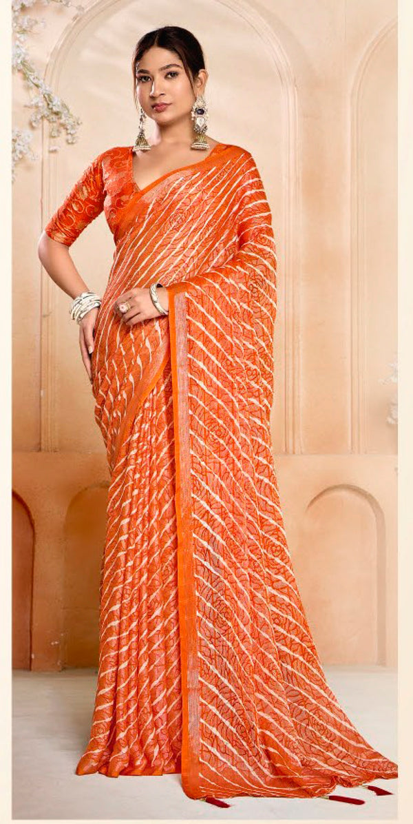 Stylum Women's Orange Leheriya Printed Silk Blend Saree With Unstitched Blouse Piece (SRORANGENAIRITI)