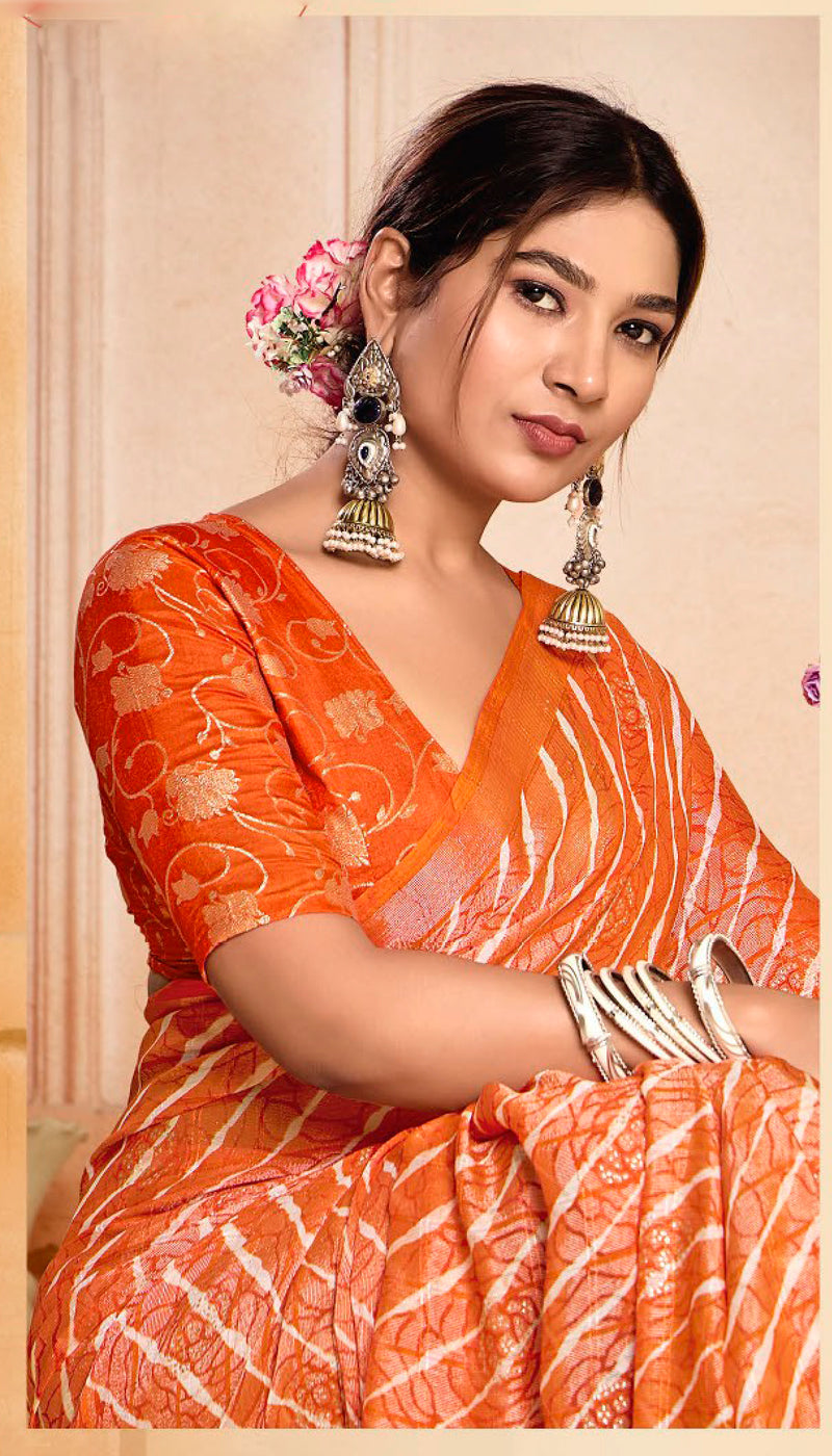Stylum Women's Orange Leheriya Printed Silk Blend Saree With Unstitched Blouse Piece (SRORANGENAIRITI)
