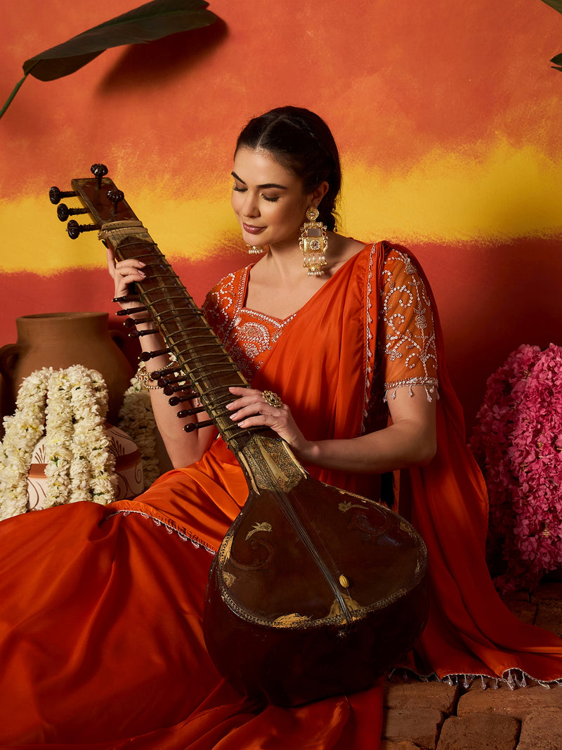 Stylum Women's Orange Solid & Embroidered Silk Blend Ready to Wear Draped Saree With Stitched Blouse (SRORANGERIMI)
