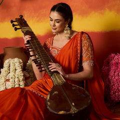 Stylum Women's Orange Solid & Embroidered Silk Blend Ready to Wear Draped Saree With Stitched Blouse (SRORANGERIMI)