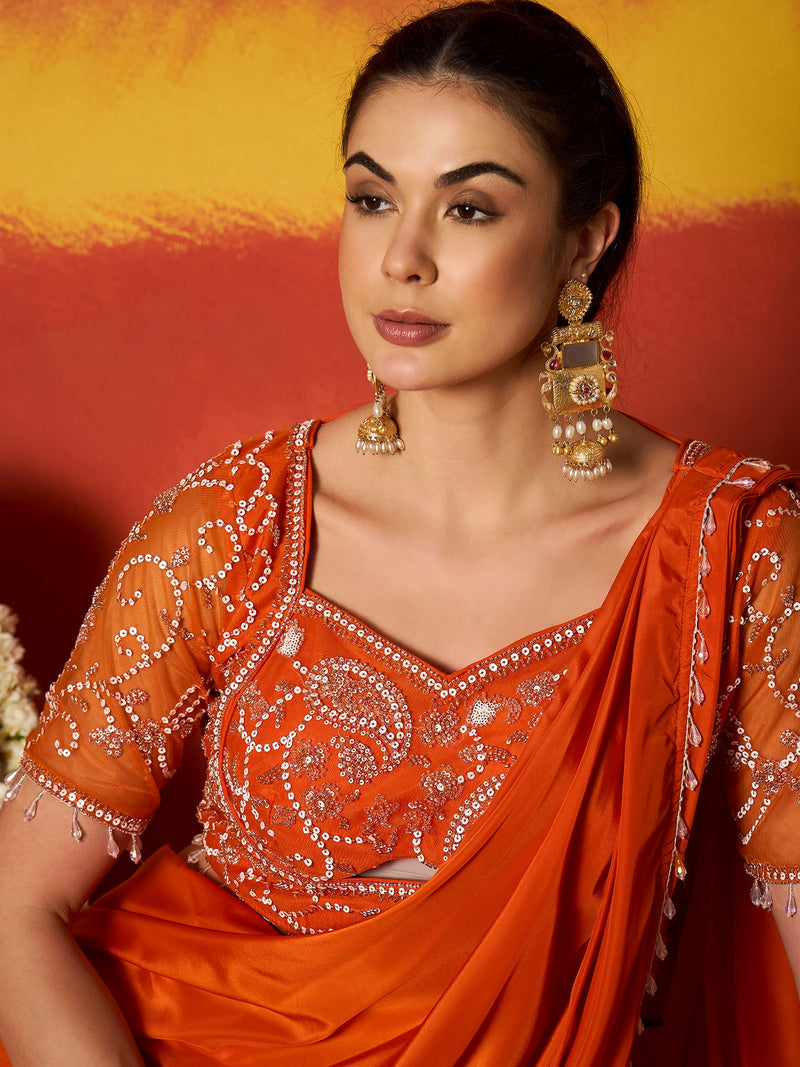 Stylum Women's Orange Solid & Embroidered Silk Blend Ready to Wear Draped Saree With Stitched Blouse (SRORANGERIMI)