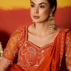 Stylum Women's Orange Solid & Embroidered Silk Blend Ready to Wear Draped Saree With Stitched Blouse (SRORANGERIMI)