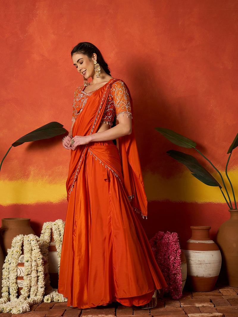 Stylum Women's Orange Solid & Embroidered Silk Blend Ready to Wear Draped Saree With Stitched Blouse (SRORANGERIMI)