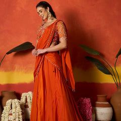 Stylum Women's Orange Solid & Embroidered Silk Blend Ready to Wear Draped Saree With Stitched Blouse (SRORANGERIMI)
