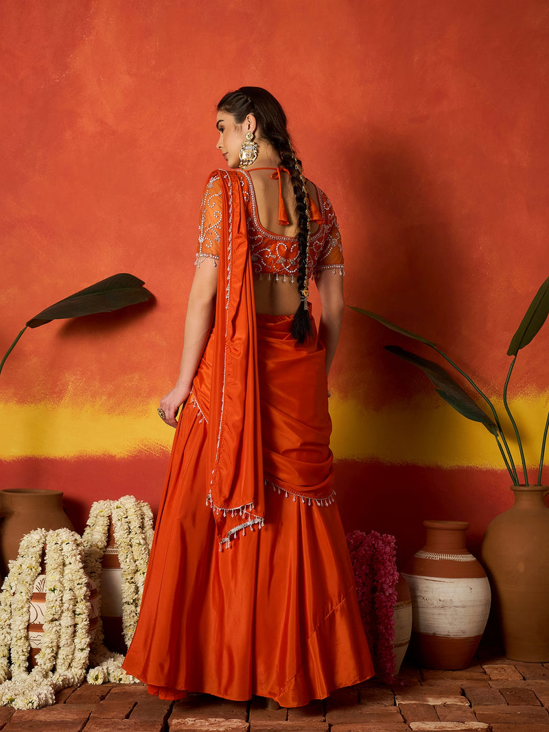 Stylum Women's Orange Solid & Embroidered Silk Blend Ready to Wear Draped Saree With Stitched Blouse (SRORANGERIMI)