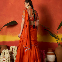 Stylum Women's Orange Solid & Embroidered Silk Blend Ready to Wear Draped Saree With Stitched Blouse (SRORANGERIMI)