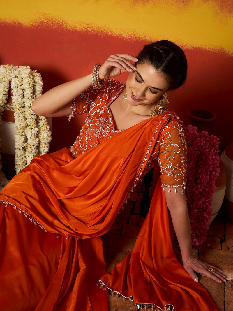 Stylum Women's Orange Solid & Embroidered Silk Blend Ready to Wear Draped Saree With Stitched Blouse (SRORANGERIMI)