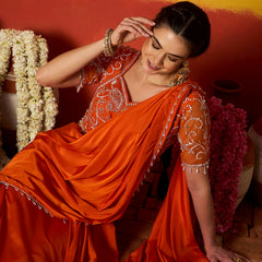 Stylum Women's Orange Solid & Embroidered Silk Blend Ready to Wear Draped Saree With Stitched Blouse (SRORANGERIMI)