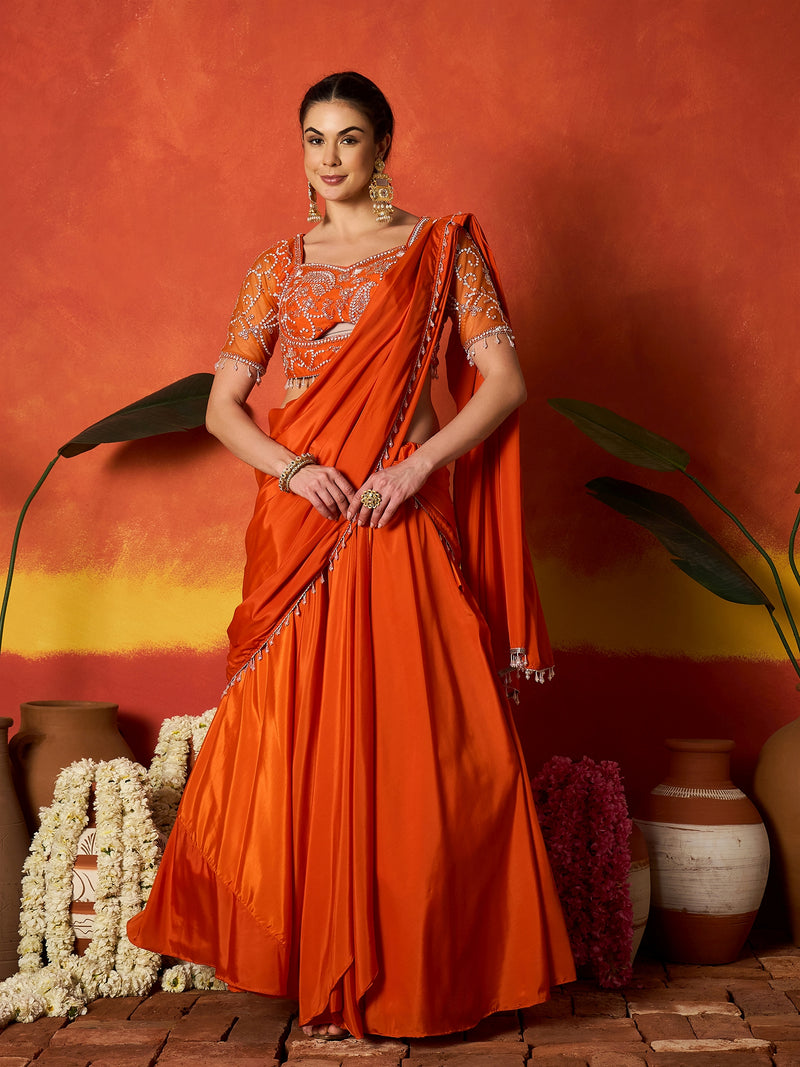 Stylum Women's Orange Solid & Embroidered Silk Blend Ready to Wear Draped Saree With Stitched Blouse (SRORANGERIMI)