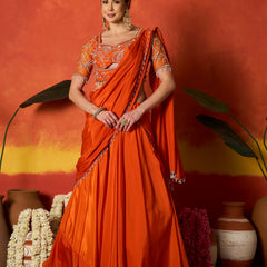 Stylum Women's Orange Solid & Embroidered Silk Blend Ready to Wear Draped Saree With Stitched Blouse (SRORANGERIMI)