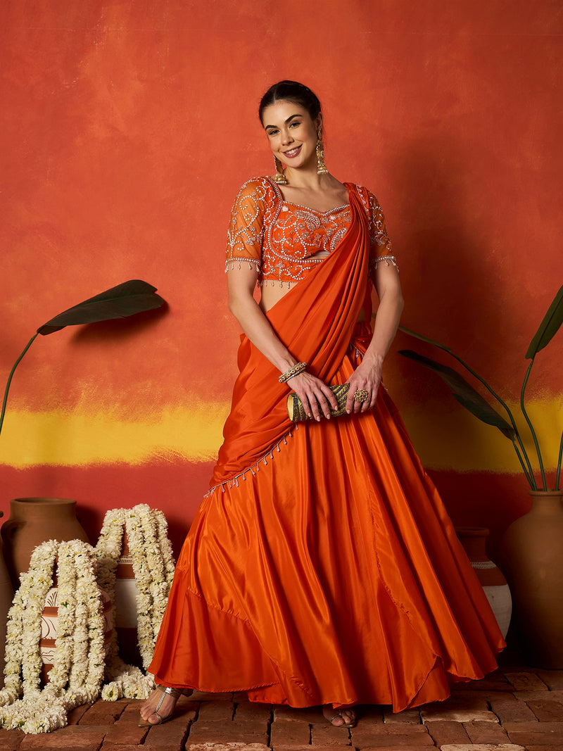 Stylum Women's Orange Solid & Embroidered Silk Blend Ready to Wear Draped Saree With Stitched Blouse (SRORANGERIMI)